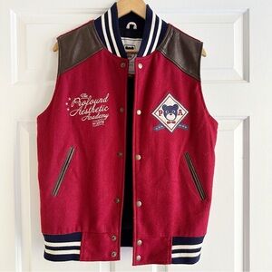 The Academy Men's Varsity Vest Wool Leather Trim Sleeveless Snap Button‎